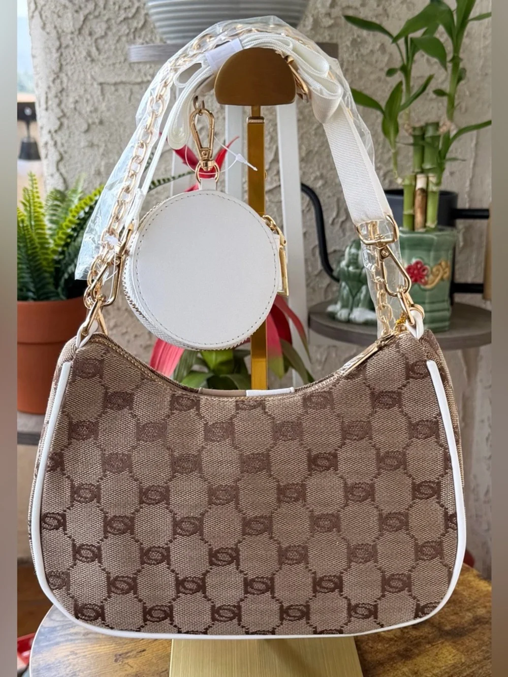 bebe Brown, White & Gold Logo Hobo Shoulder Bag with Coin Pouch - Picture 2 of 16